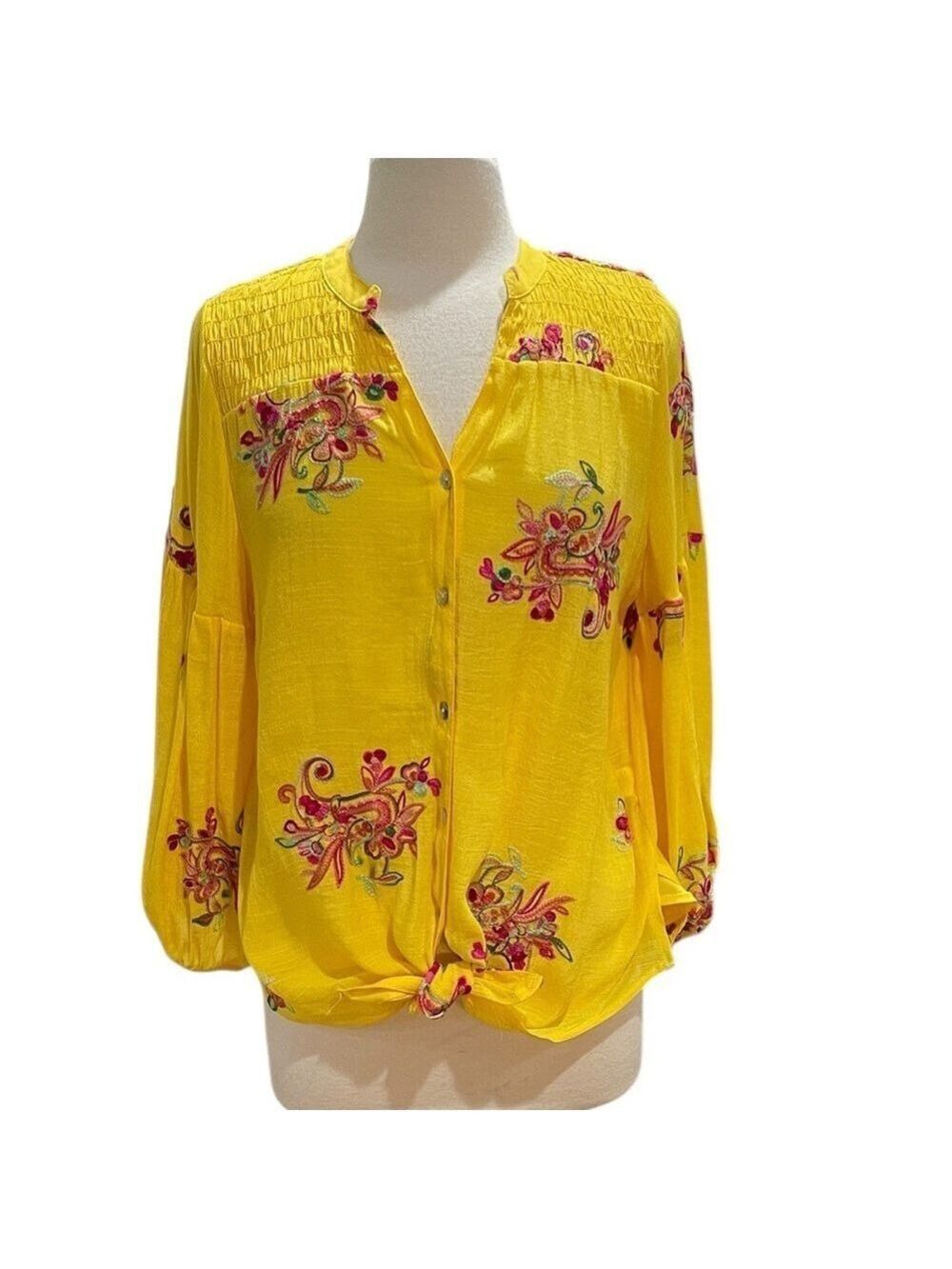 Anthropologie Fig And Flower Button and Tie Front Embroidered Top SZ M Yellow